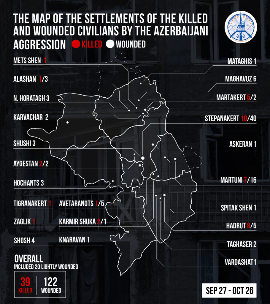 Map of the settlements of the killed and wounded civilians