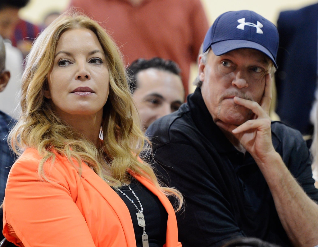 Jeanie and Jim Buss at a Los Angeles Lakers news conference