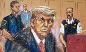 Trump's courtroom sketch from Jane Rosenberg. Photograph: Jane Rosenberg/Reuters